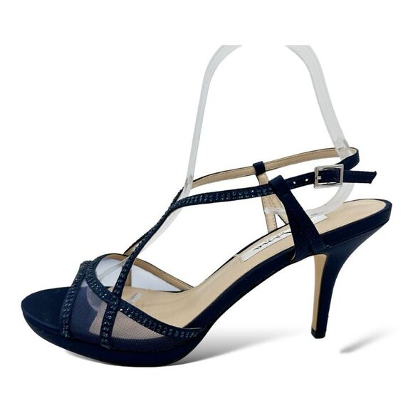 Nina Navy Blue Satin Blossom Slingback Crystal Open Toe Evening Sandal Prom 8.5 - Picture 2 of 14